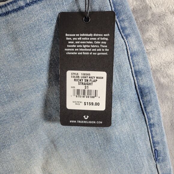 True Religion Ricky Jeans Mens SZ 31 Flap SN Relaxed Straight Light Blue Denim - Picture 7 of 12